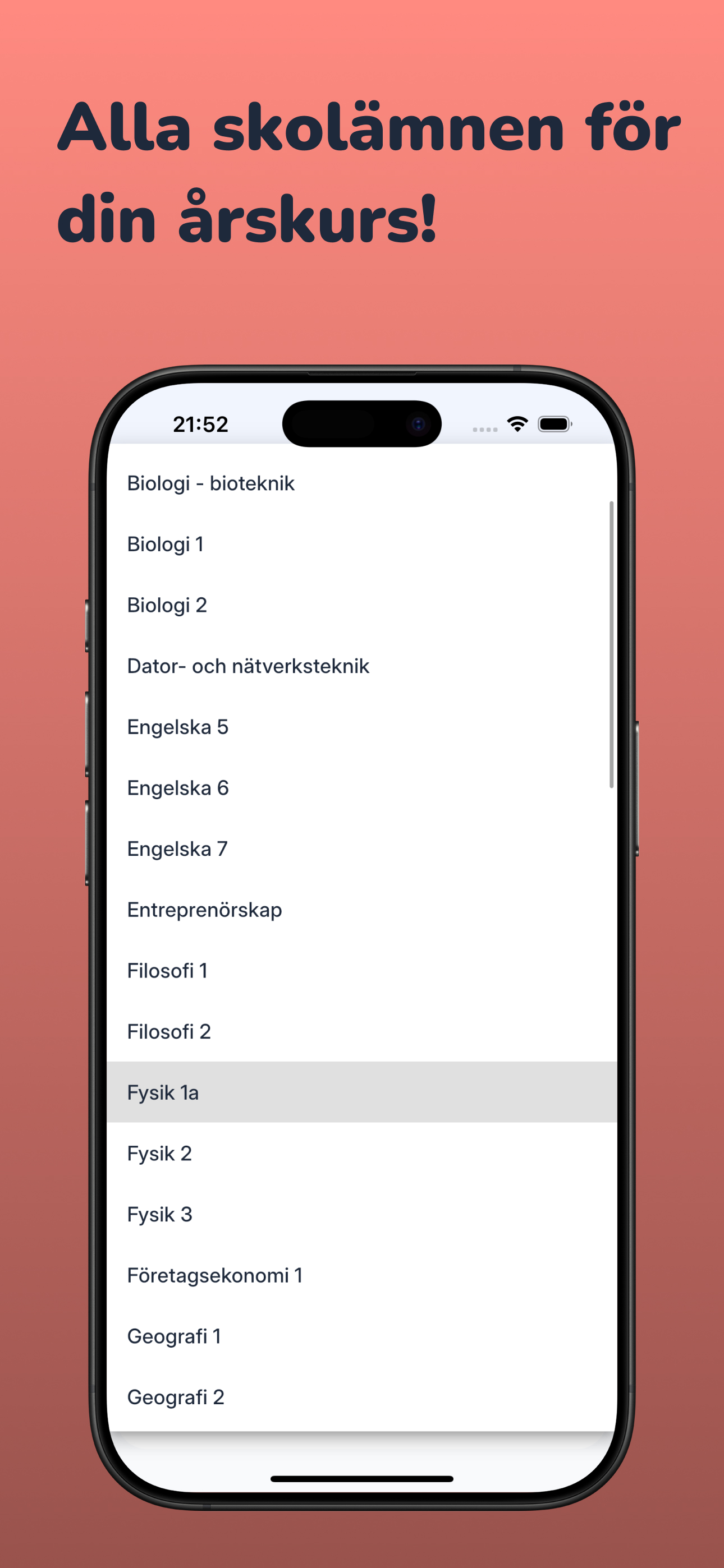 Skärmdump: Alla ämnen samlade på ett ställe